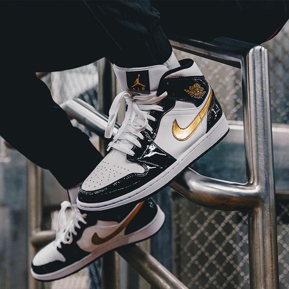 Air Jordan 1 Mid Patent 'Black Gold'- Streetwear Fashion - evapacs.com