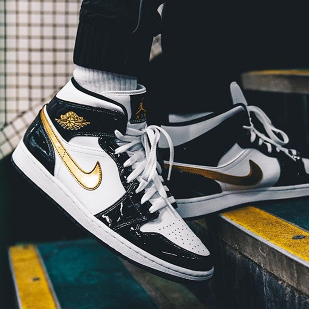 Air Jordan 1 Mid Patent 'Black Gold'- Streetwear Fashion - evapacs.com