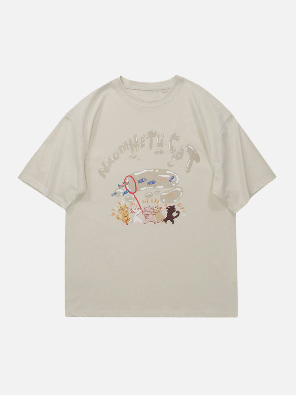 Evapacs - Cartoon Kitten Fishing Graphic Tee- Streetwear Fashion - evapacs.com