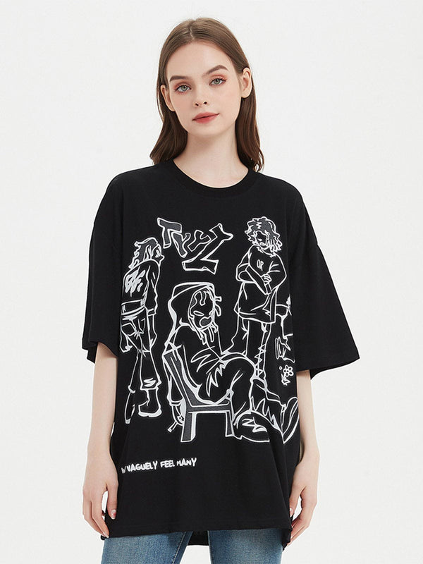 Evapacs - Cartoon Line Character Print Tee- Streetwear Fashion - evapacs.com