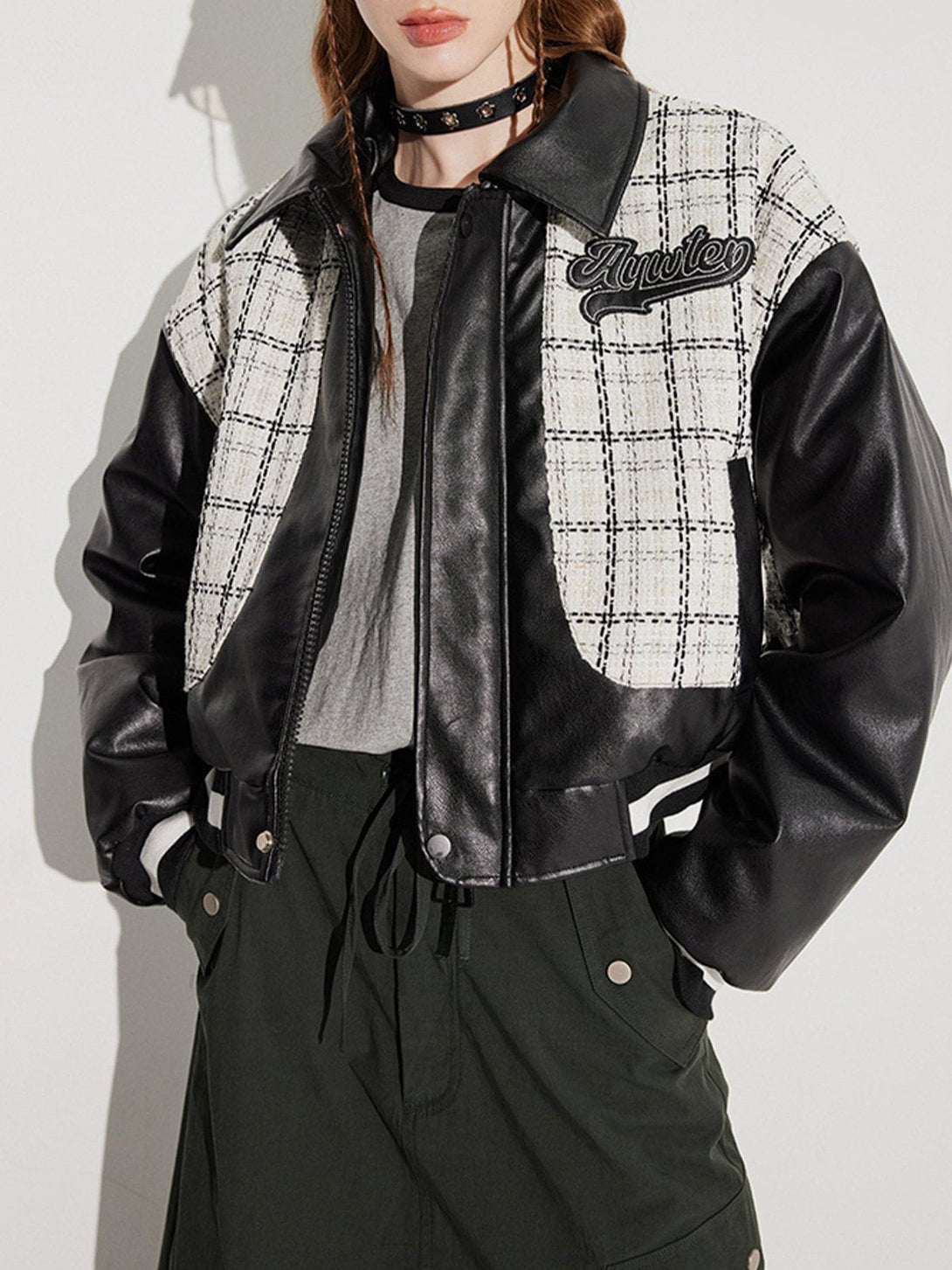 Evapacs - Check Patchwork PU Embroidery Winter Coat- Streetwear Fashion - evapacs.com