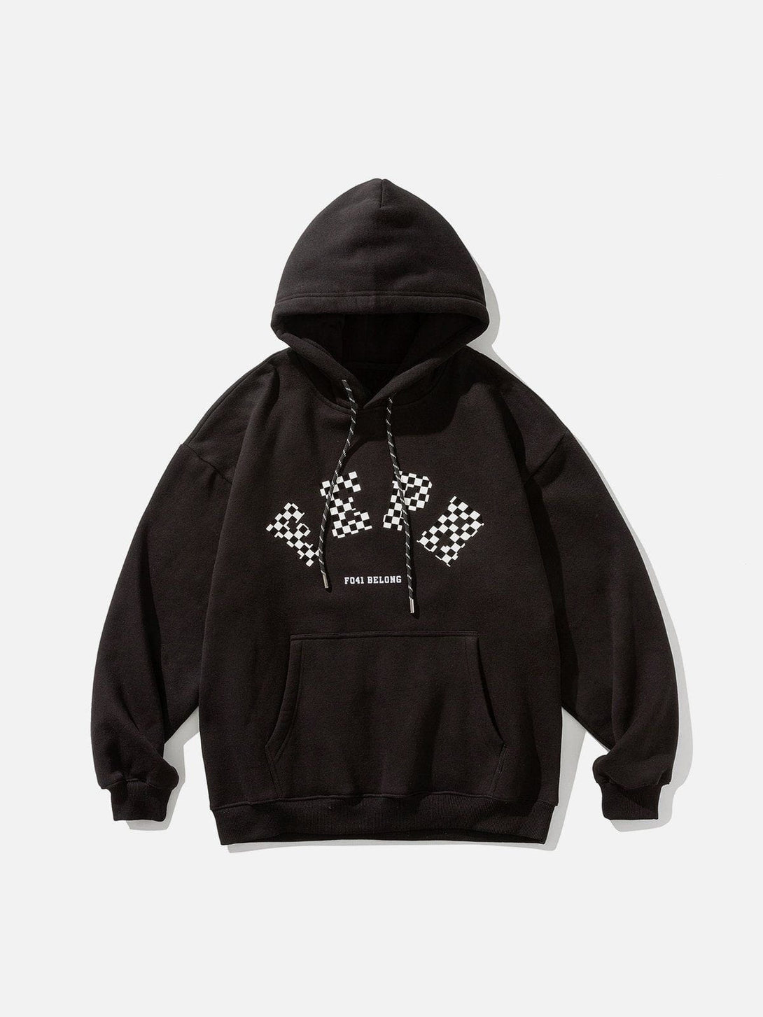 Evapacs - Checkerboard Letter Print Fleece Hoodie- Streetwear Fashion - evapacs.com