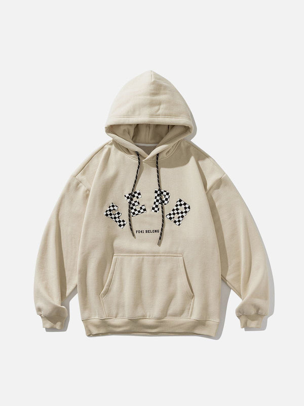 Evapacs - Checkerboard Letter Print Fleece Hoodie- Streetwear Fashion - evapacs.com