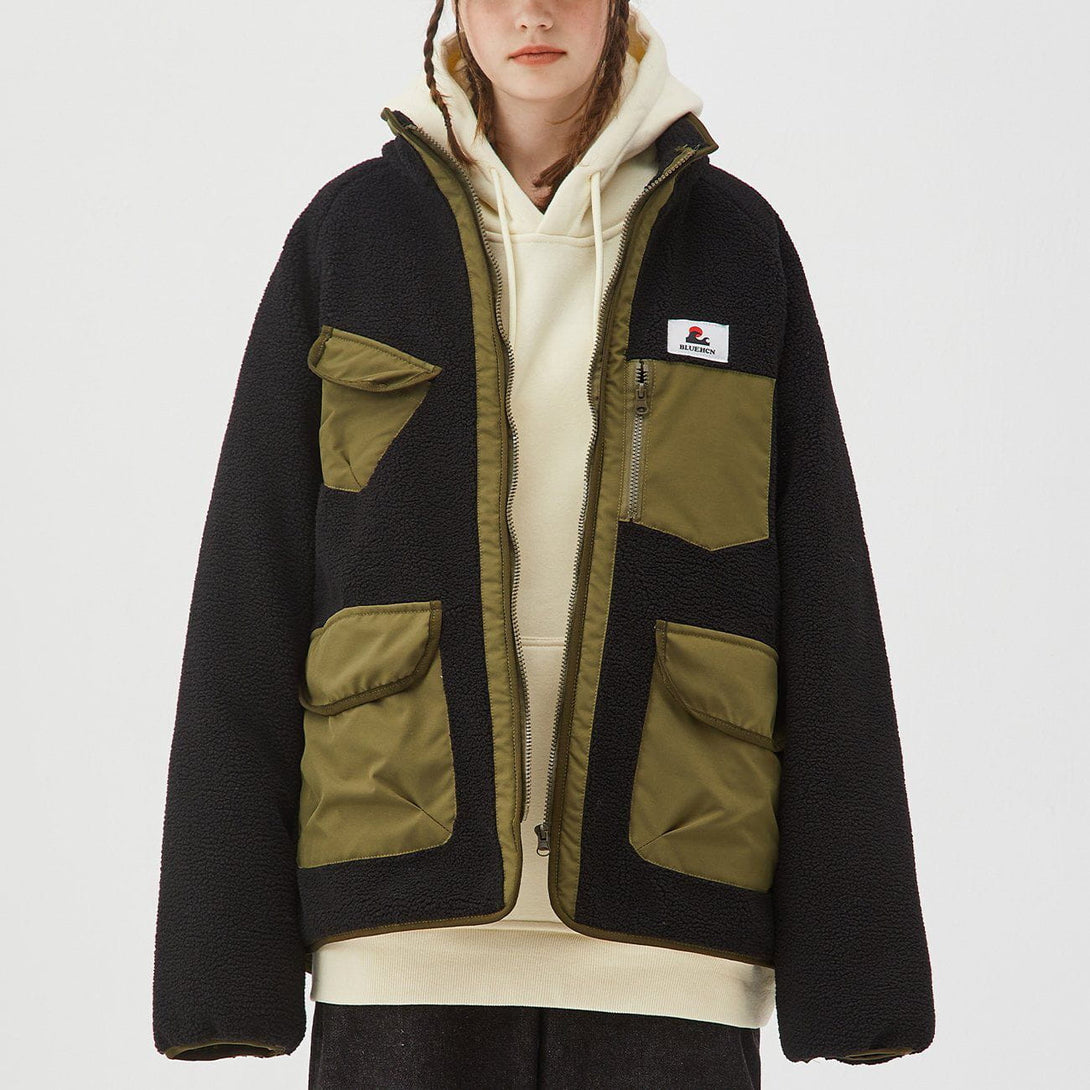 Evapacs - Contrast Multi-Pocket Sherpa Winter Coat- Streetwear Fashion - evapacs.com