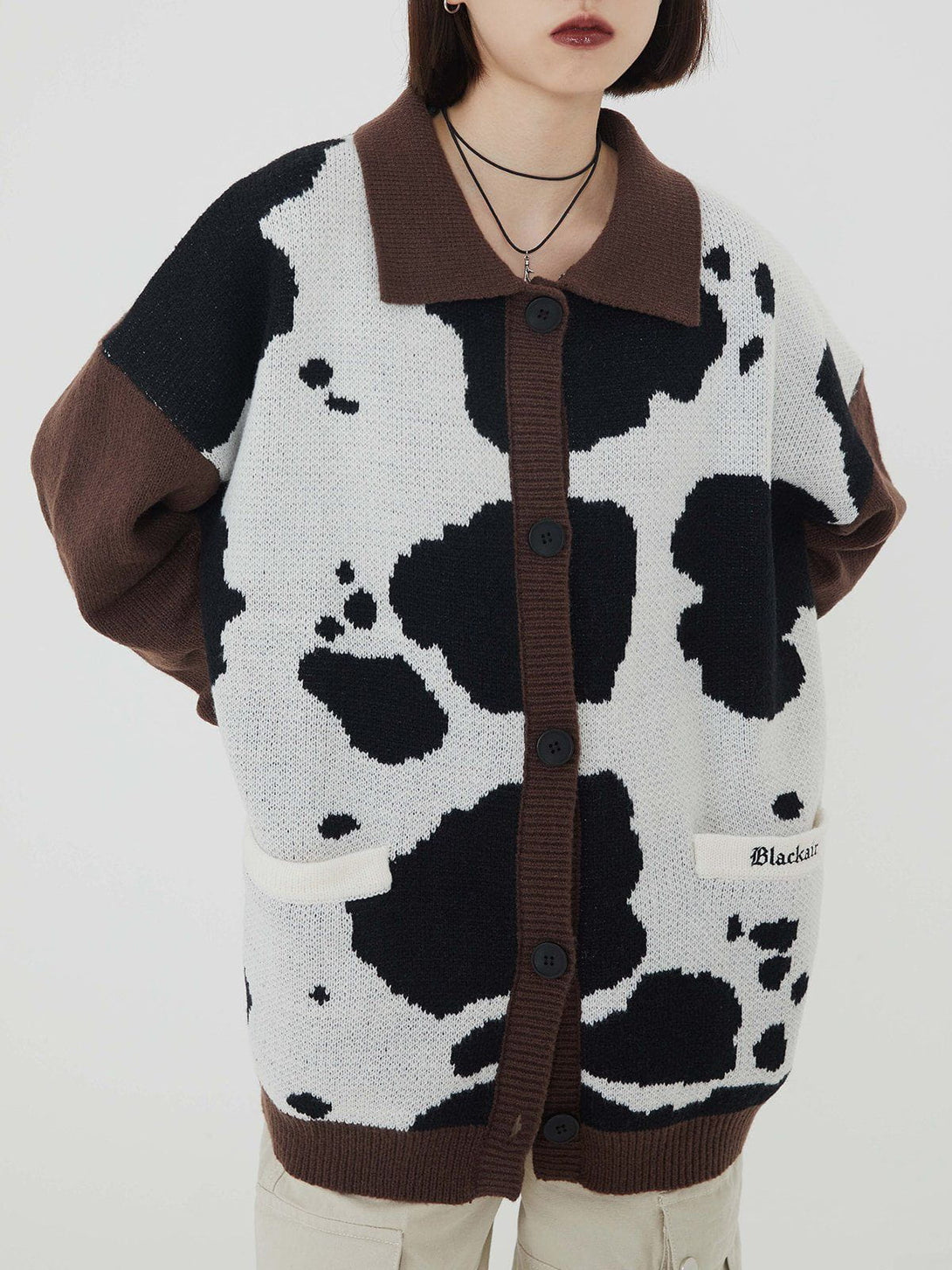 Evapacs - Cow Print Polo Collar Cardigan- Streetwear Fashion - evapacs.com