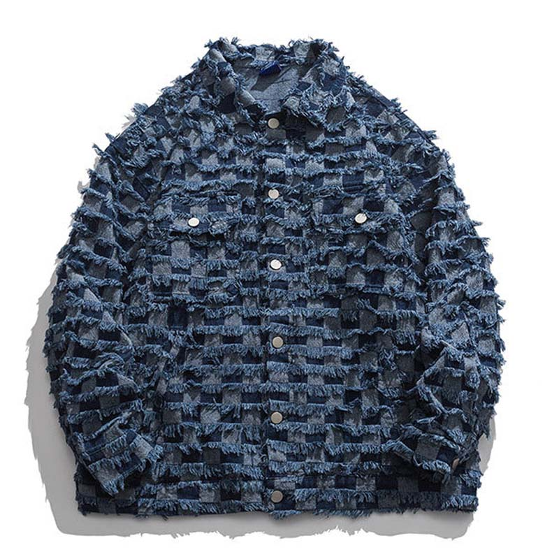 Evapacs - Denim Shearing Chessboard Tassel Craft Lapel Jacket- Streetwear Fashion - evapacs.com