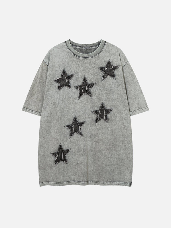 Evapacs - Denim Star Patchwork Washed Tee- Streetwear Fashion - evapacs.com