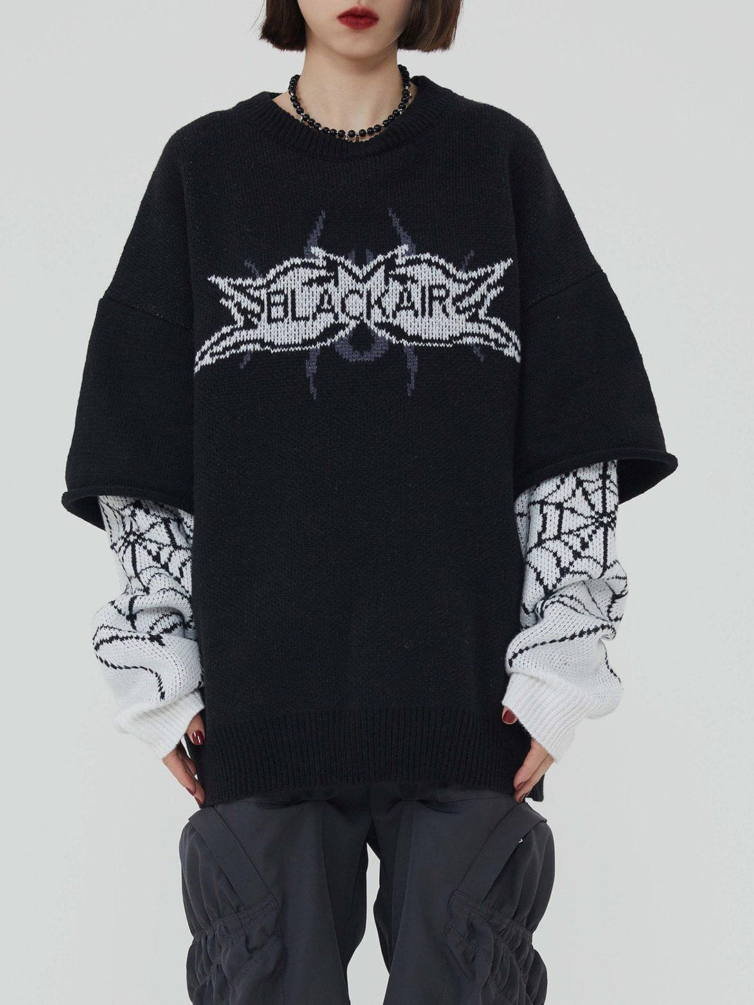 Evapacs - Fake Two Spider Web Jacquard Sweater- Streetwear Fashion - evapacs.com