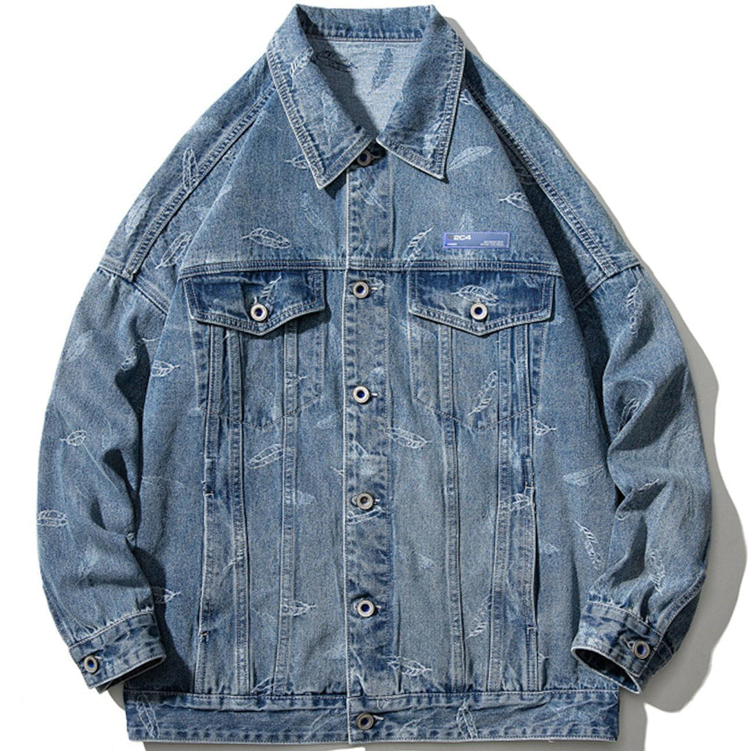 Evapacs - Full Leaf Print Denim Jacket- Streetwear Fashion - evapacs.com