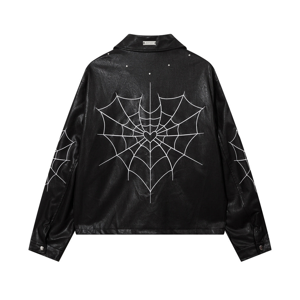 Evapacs - High Street Retro Spider Web Embroidery Leather Jacket- Streetwear Fashion - evapacs.com