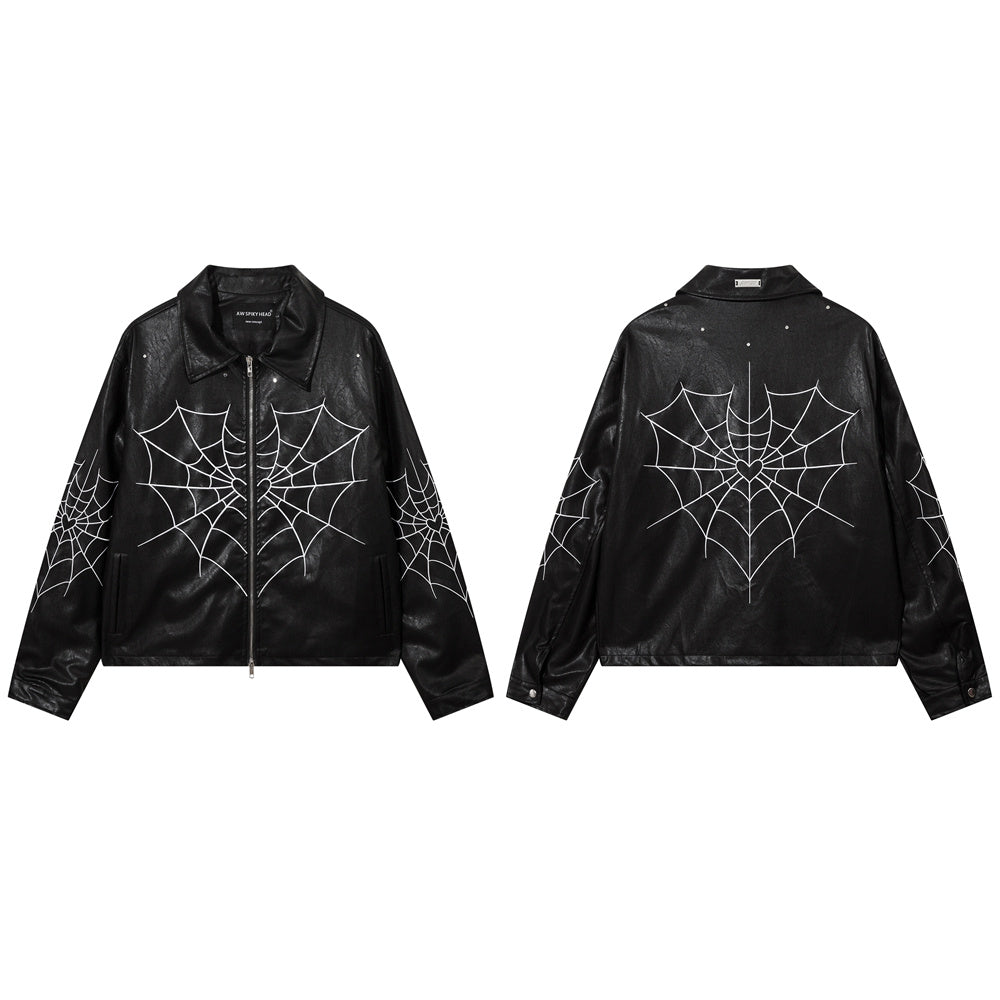 Evapacs - High Street Retro Spider Web Embroidery Leather Jacket- Streetwear Fashion - evapacs.com