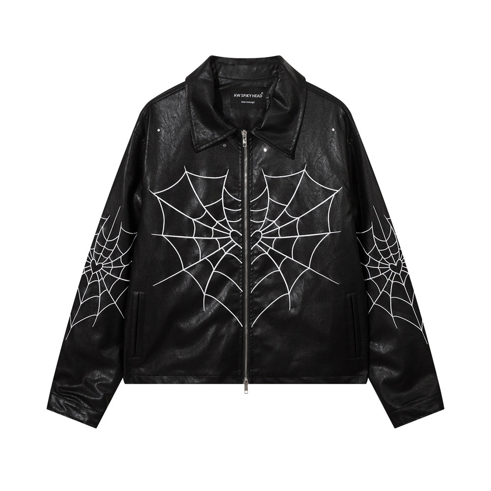 Evapacs - High Street Retro Spider Web Embroidery Leather Jacket- Streetwear Fashion - evapacs.com