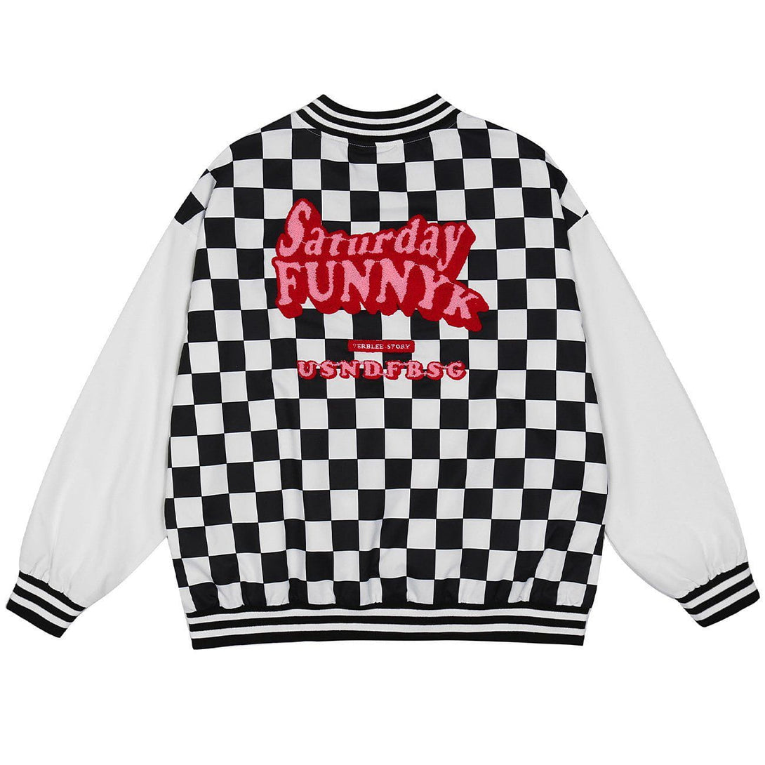 Evapacs - Letter Embroidery Check Varsity Jacket- Streetwear Fashion - evapacs.com