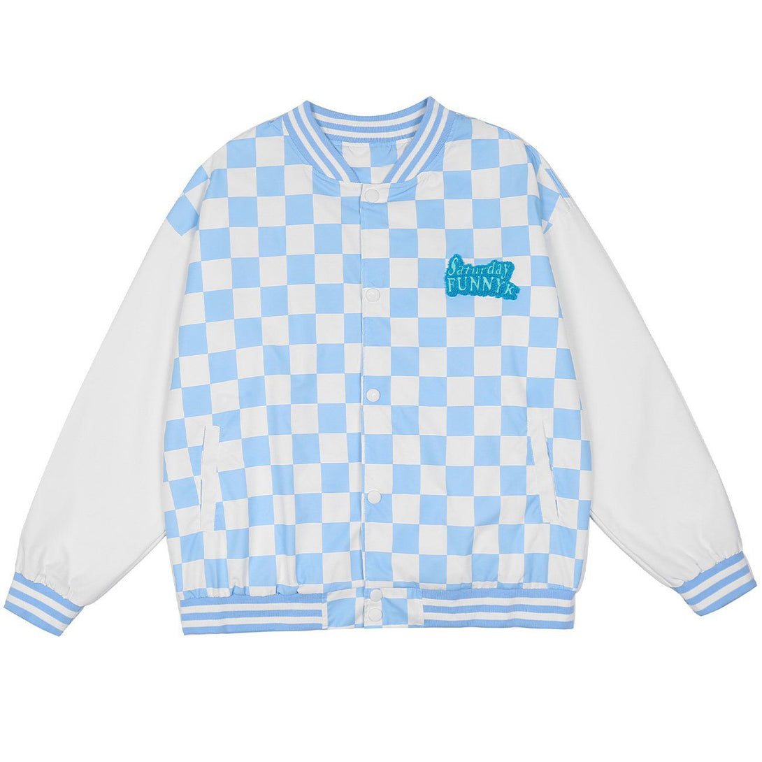 Evapacs - Letter Embroidery Check Varsity Jacket- Streetwear Fashion - evapacs.com