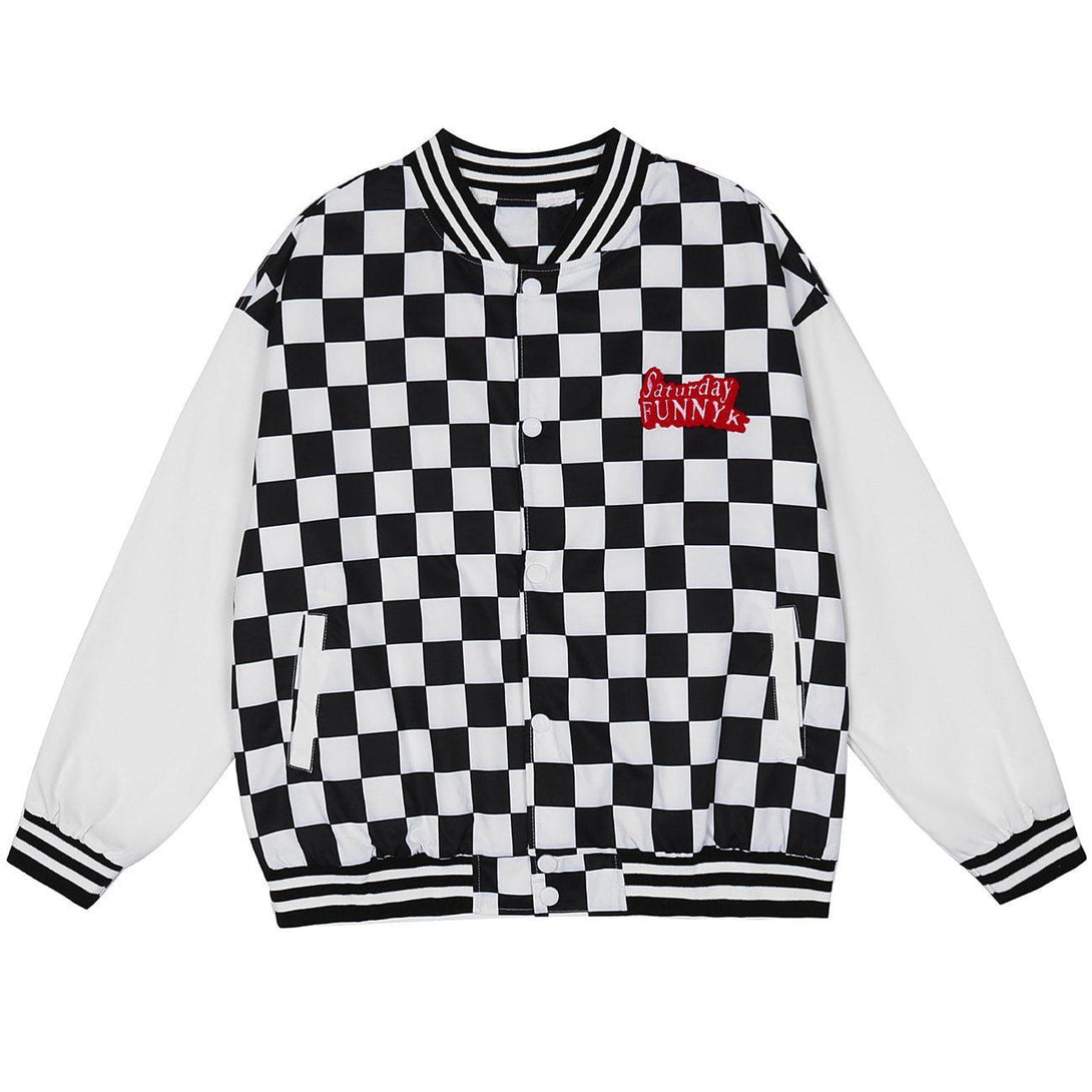 Evapacs - Letter Embroidery Check Varsity Jacket- Streetwear Fashion - evapacs.com