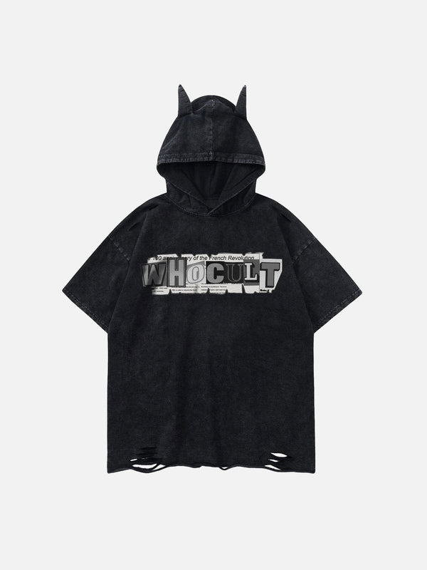 Evapacs - Letter Print Ripped Hooded Tee- Streetwear Fashion - evapacs.com