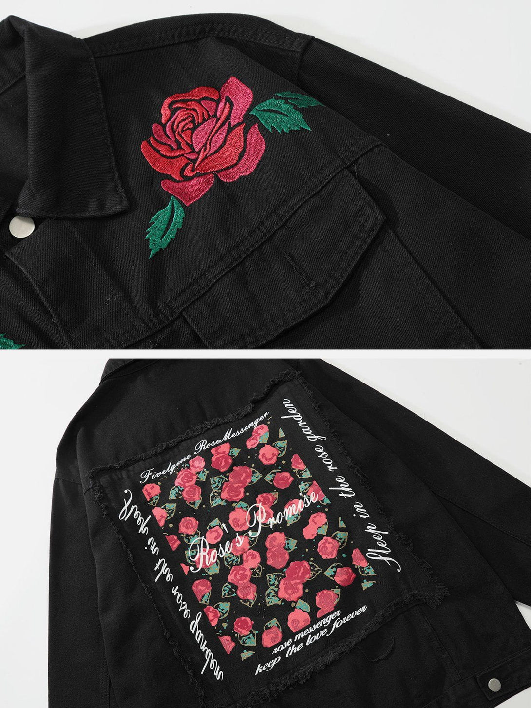 Evapacs - Letter Rose Button Denim Jacket- Streetwear Fashion - evapacs.com