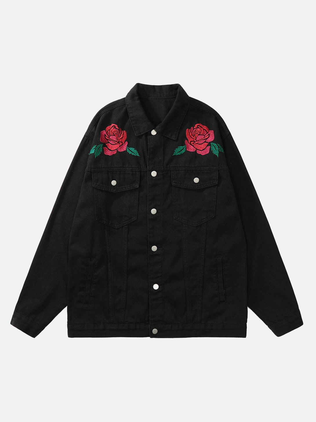 Evapacs - Letter Rose Button Denim Jacket- Streetwear Fashion - evapacs.com