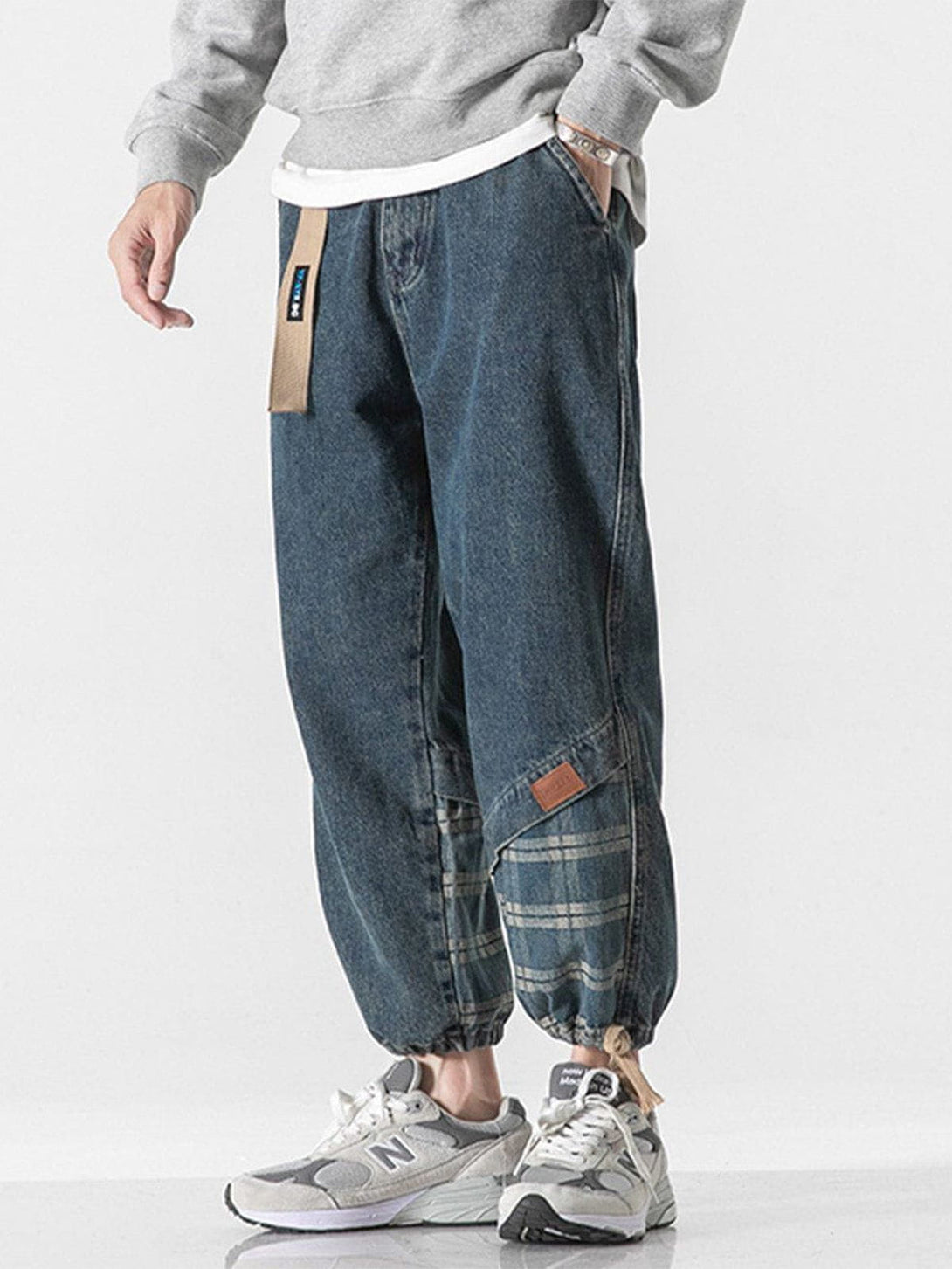 Evapacs - Panelled Plaid Belt Embellished Jeans- Streetwear Fashion - evapacs.com