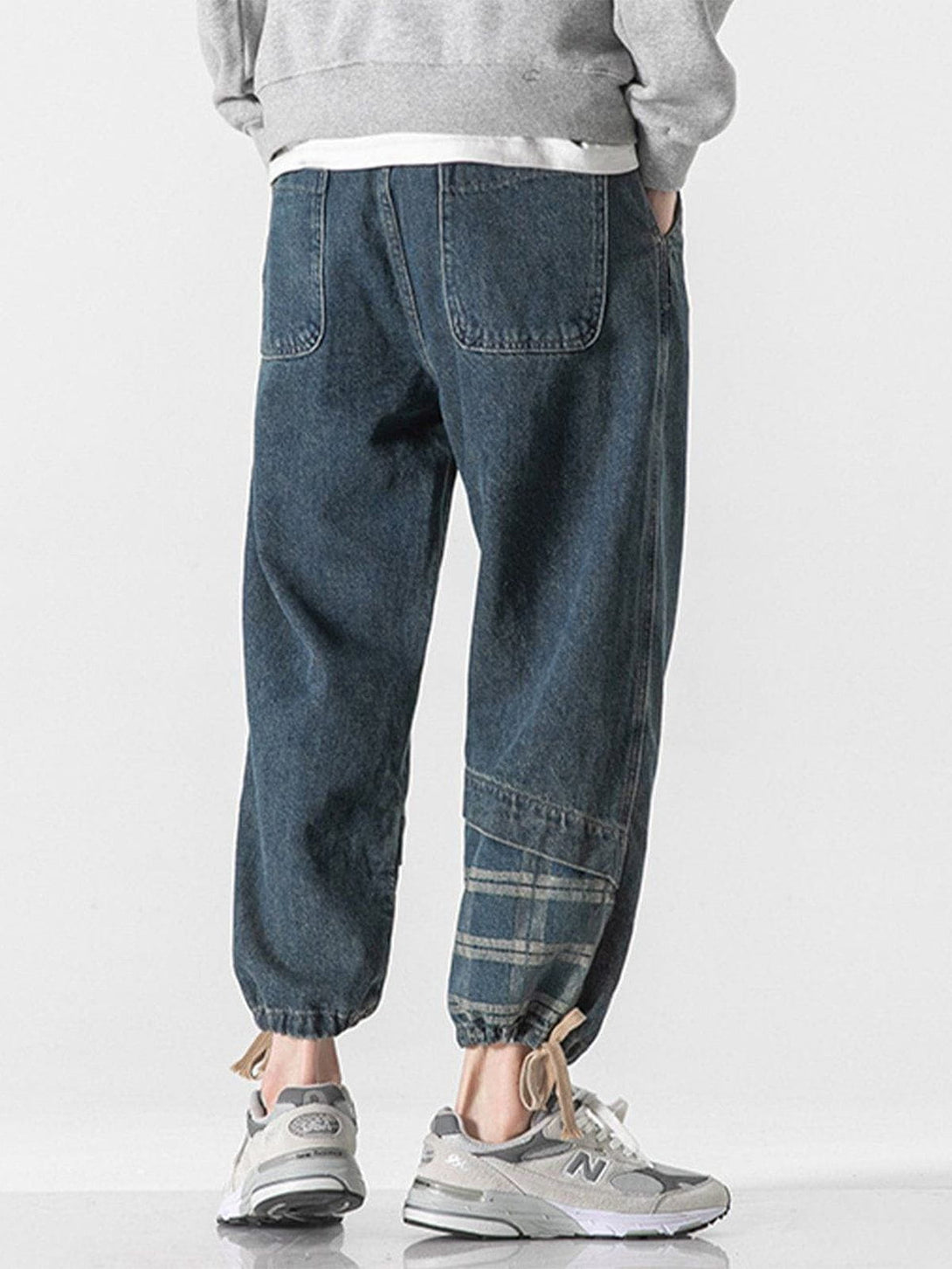 Evapacs - Panelled Plaid Belt Embellished Jeans- Streetwear Fashion - evapacs.com