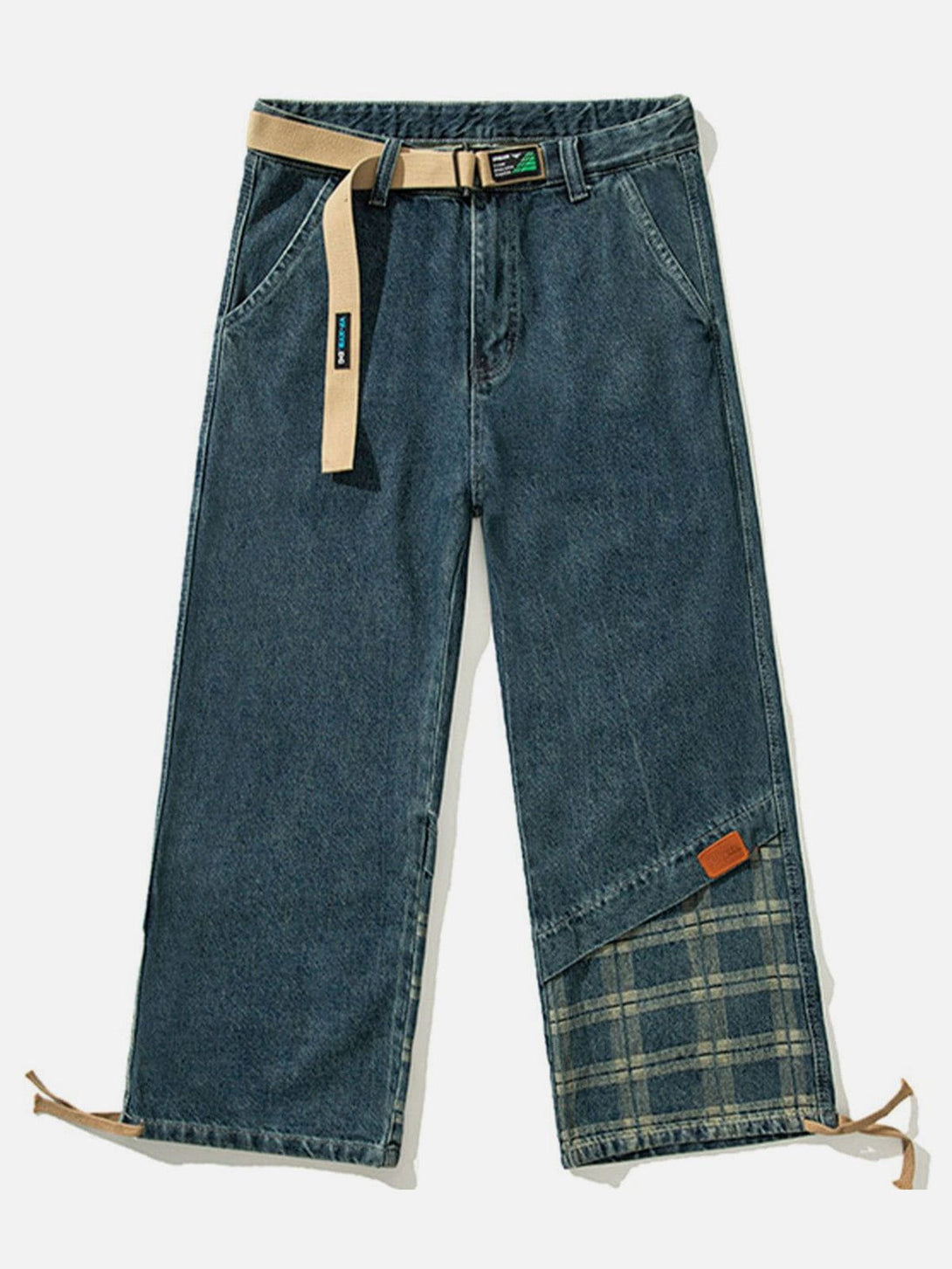 Evapacs - Panelled Plaid Belt Embellished Jeans- Streetwear Fashion - evapacs.com