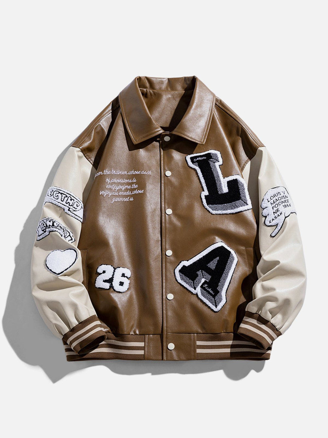 Evapacs - Patchwork Flocking Letter PU Jacket- Streetwear Fashion - evapacs.com