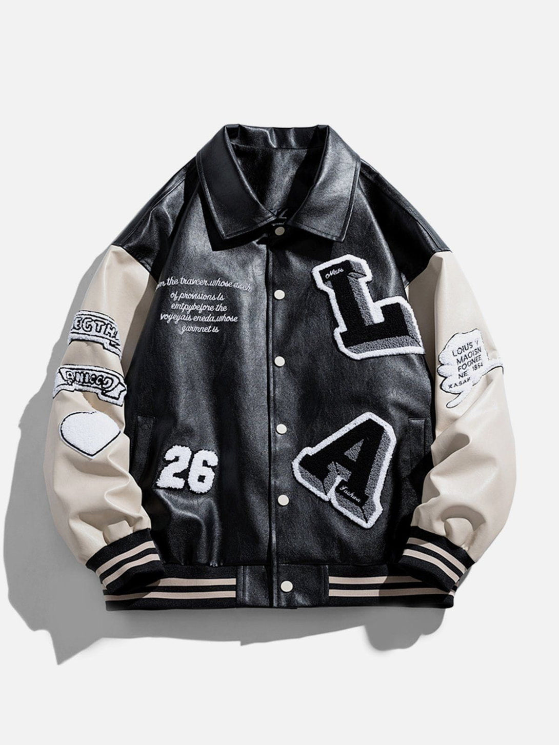 Evapacs - Patchwork Flocking Letter PU Jacket- Streetwear Fashion - evapacs.com