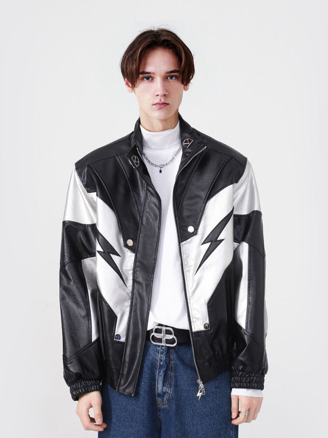 Evapacs - Racing Contrast Panel Lightning Leather Jacket- Streetwear Fashion - evapacs.com