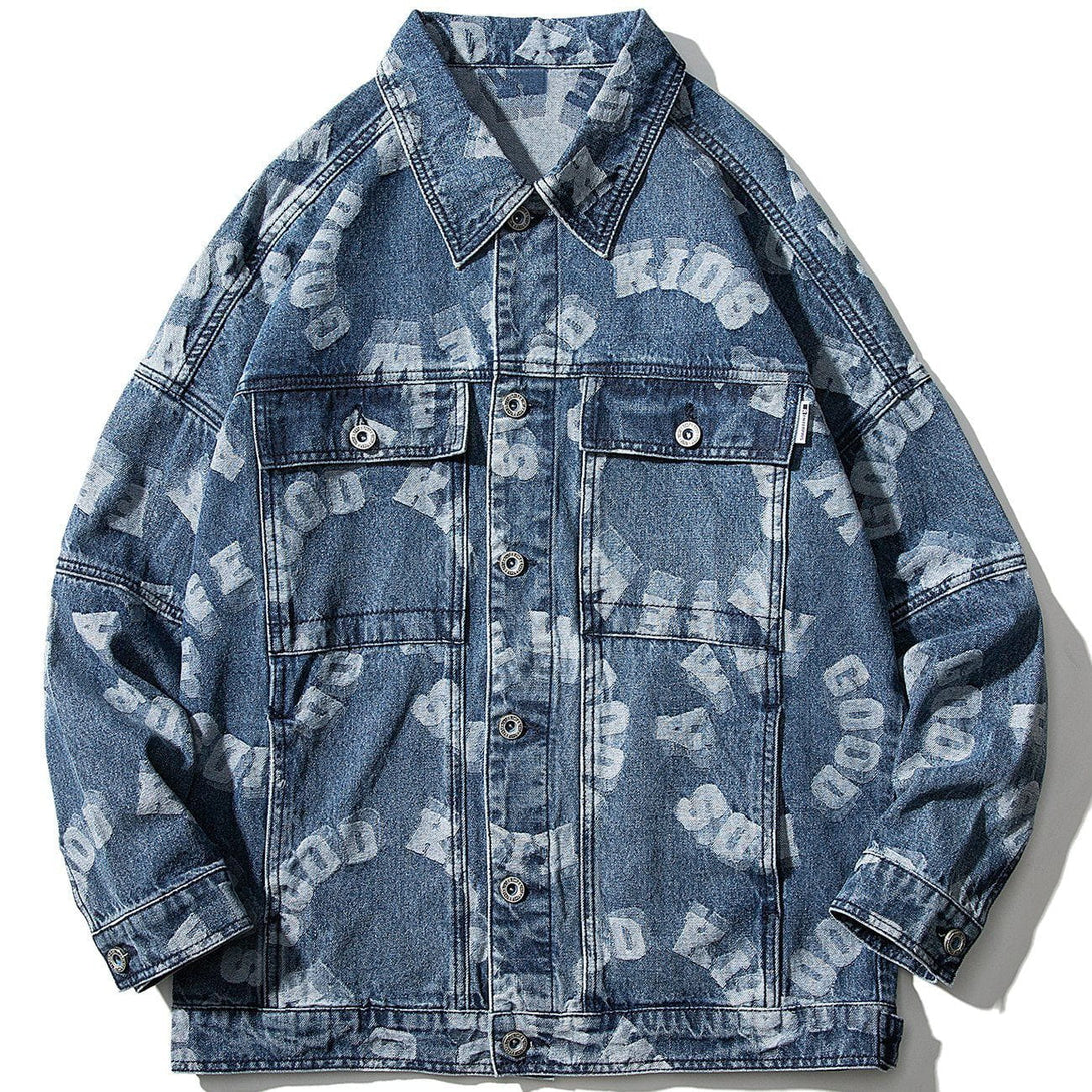 Evapacs - Round Letters Print Denim Jacket- Streetwear Fashion - evapacs.com