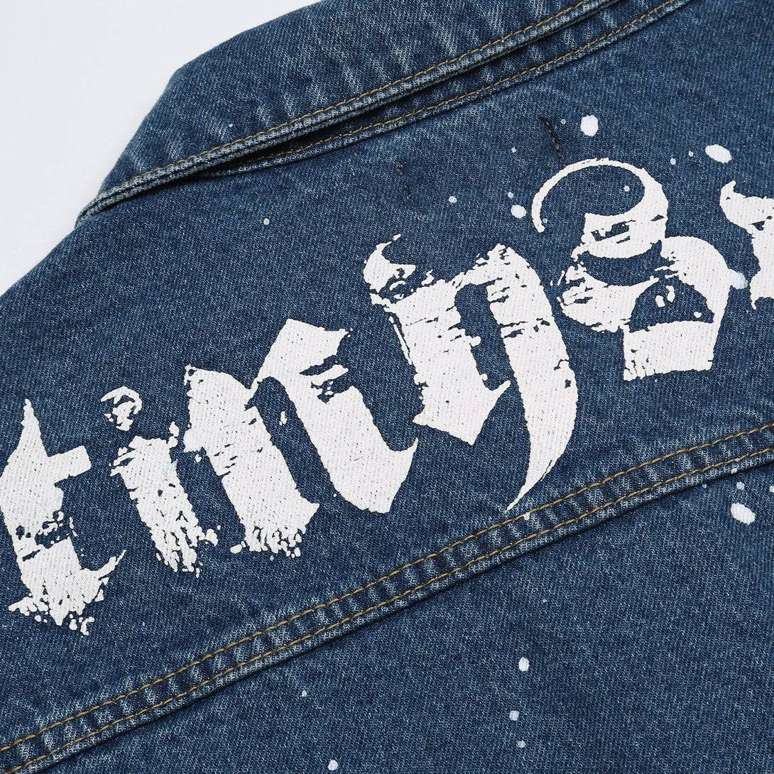 Evapacs - Splash Ink Broken Letters Print Denim Jacket- Streetwear Fashion - evapacs.com