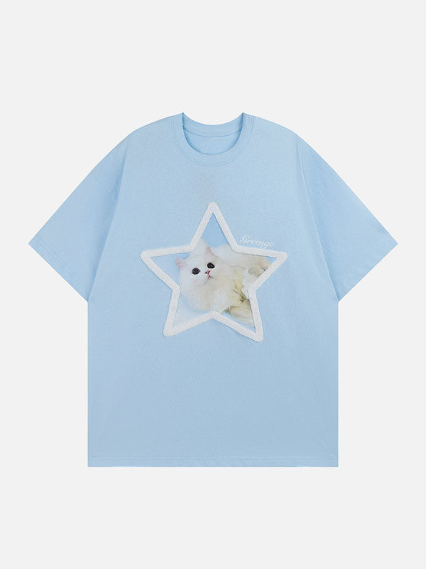 Evapacs - Star Cute Cat Graphic Tee- Streetwear Fashion - evapacs.com