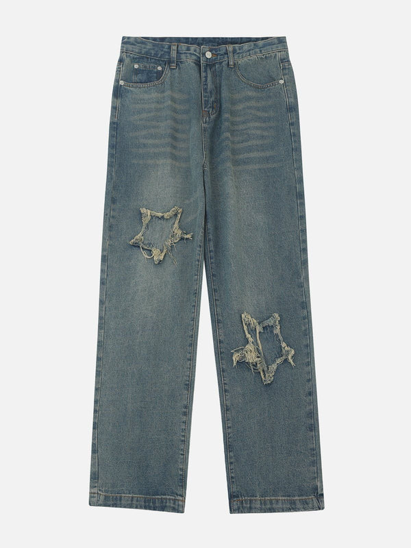 Evapacs - Star Patchwork Washed Jeans- Streetwear Fashion - evapacs.com