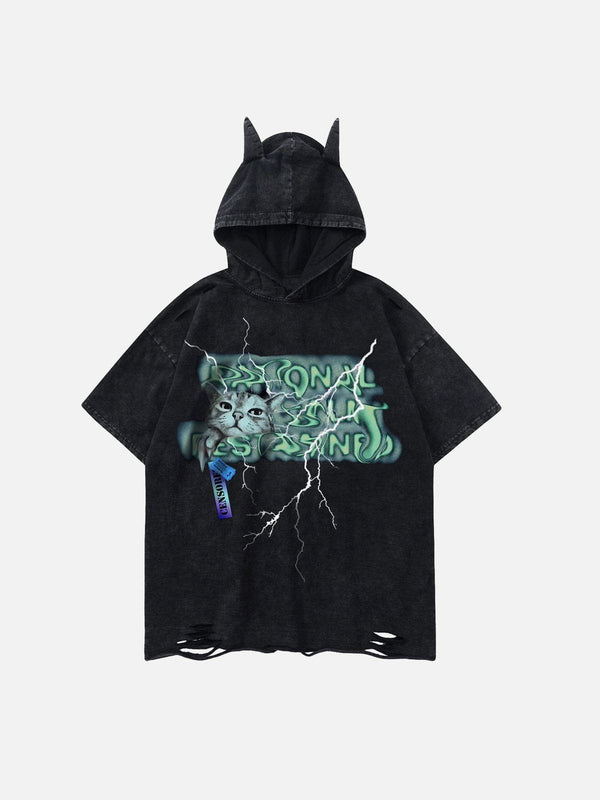 Evapacs - Twisted Alphabet Cat Print Hooded Tee- Streetwear Fashion - evapacs.com