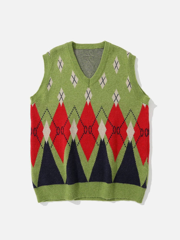 Evapacs - Vintage Diamond Pattern Knit Sweater Vest- Streetwear Fashion - evapacs.com