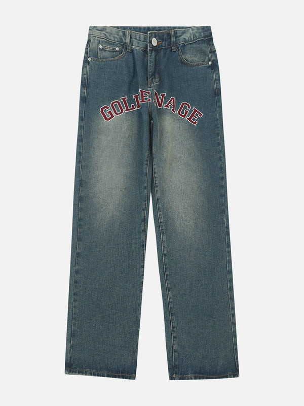 Evapacs - Washed Embroidered Letter Jeans- Streetwear Fashion - evapacs.com